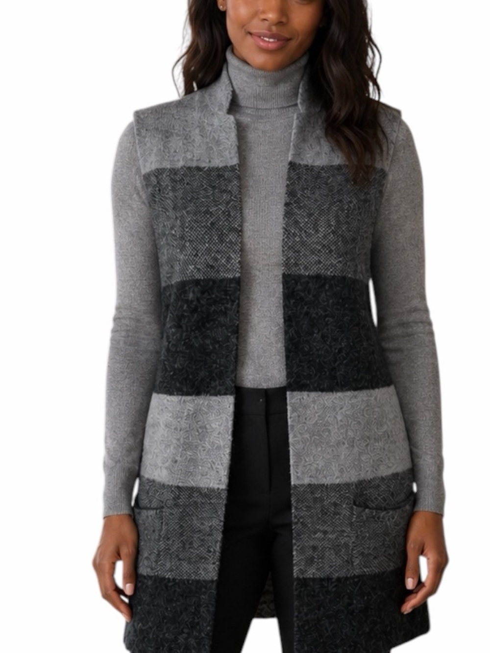 Evolution by Cyrus Corie Sweater Women’s Size Xl Black Gray Stripe Open Cardigan